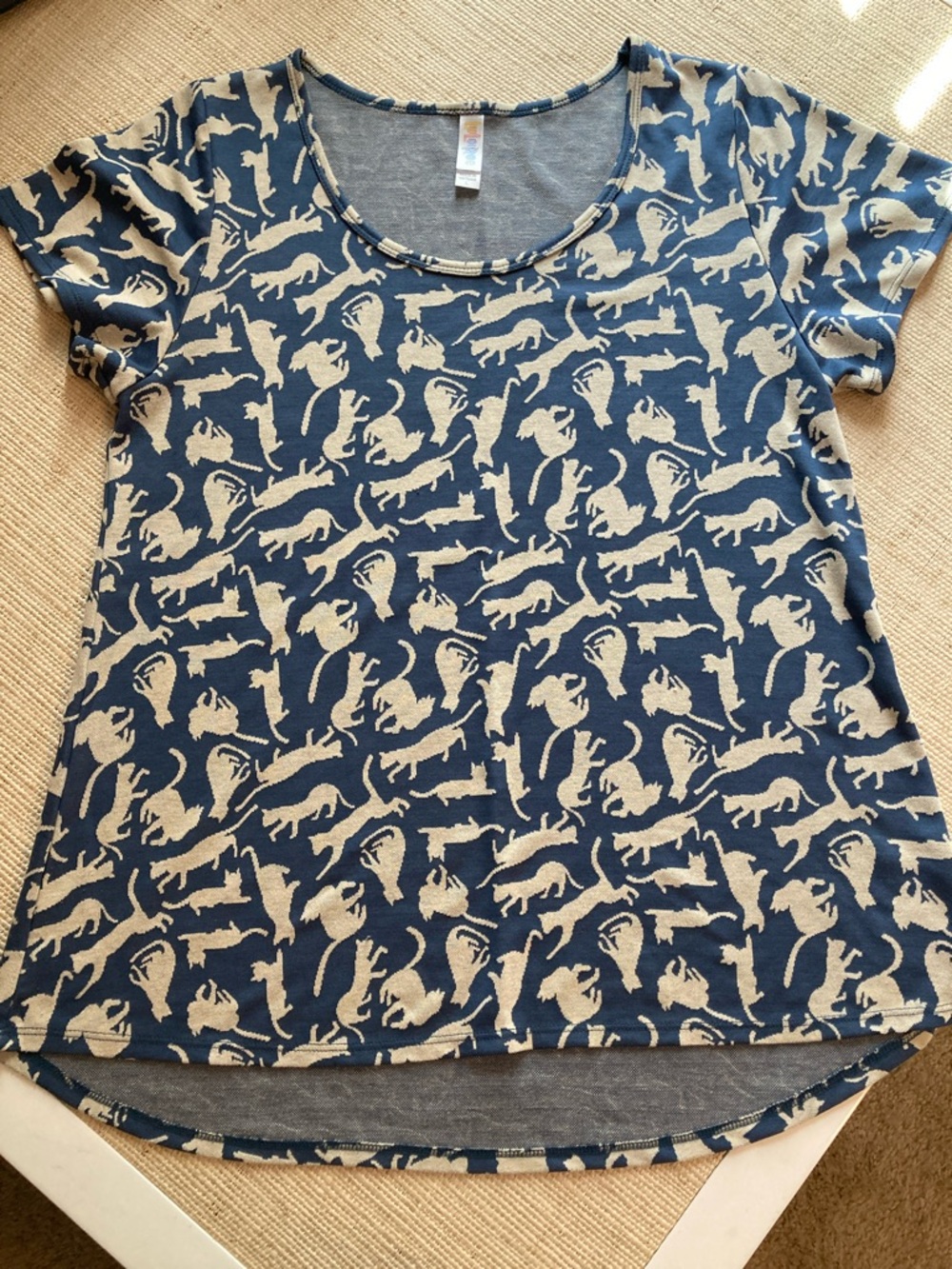 LuLaRoe Blue and Cream Short Sleeve Tee with Cat Silhouette Pattern